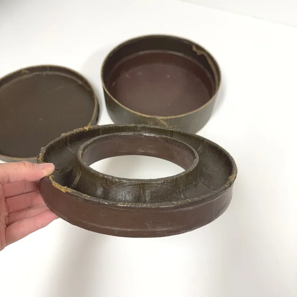 Vintage Round Cardboard Collar Hat Box faux leather Dk Brown Millinery Mold